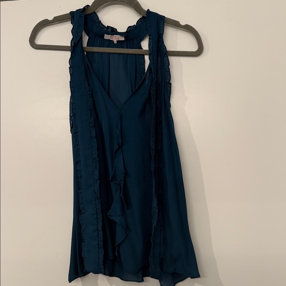 Parker Teal Ruffle Sleeveless Blouse